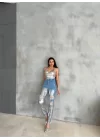 DİZ YIRTIK VARAKLI MOM KOT PANTOLON - Gümüş