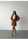 DÜĞME DETAYLI ETEK - CROP CEKET TAKIM - Kahverengi