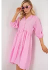Düğmeli Kısa Kol Elbise 2559 - Pembe
