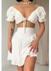 Fuşya Brode Crop Ve Mini Etek Takım