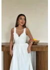 Ekru Dantel Detaylı Askılı Elbise
