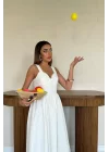 Ekru Dantel Detaylı Askılı Elbise