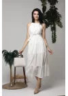 Ekru Halter Yakalı Kuşaklı Elbise