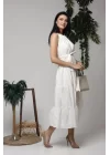 Ekru Halter Yakalı Kuşaklı Elbise