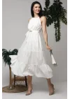 Ekru Halter Yakalı Kuşaklı Elbise