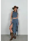 Fırfır Detay Denim Bluz