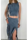 Fırfır Detay Denim Bluz