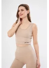 Fitilli Baskılı Crop - Bej