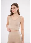 Fitilli Baskılı Crop - Bej
