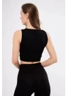 Fitilli Baskılı Crop - Siyah