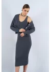 Fitilli Elbise Hırkalı Takım - Füme