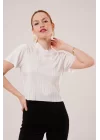 Fitilli Kısa Kollu Parlak Beyaz Bluz