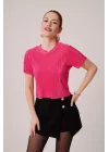 Fitilli Kısa Kollu Parlak Fuşya Bluz