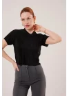 Fitilli Kısa Kollu Parlak Siyah Bluz