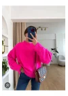 Kadın Pembe Bisiklet Yaka Balon Kol Oversize Triko Kazak