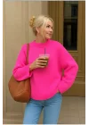 Kadın Pembe Bisiklet Yaka Balon Kol Oversize Triko Kazak