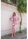 Fuşya Desenli Yırtmaçlı Elbise