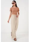 Geniş Paça Keten Pantolon 6735 - Krem