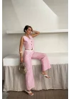 GOFRE ÇİZGİLİ YELEK - PANTOLON TAKIM - Pembe