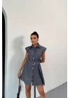 GÖMLEK ELBİSE KOLSUZ TENCEL KUMAŞ - Mavi