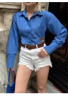 GÖMLEK POPLİN CROP YAN ÇİFT KEMER DETAYLI - Mavi