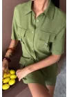 Gömlek Şort Etek Viscon Keten Takım 10162