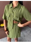 Gömlek Şort Etek Viscon Keten Takım 10162