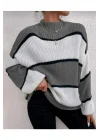Gri Beyaz Yarım Balıkçı Oversize Kadın Triko Kazak