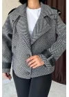 Gri Çizgili Deri Garnili Ceket