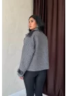 Gri Çizgili Deri Garnili Ceket