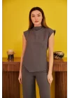 Gri Sıfır Kol Düğmeli Gömlek Takım