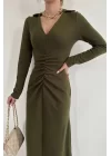 Haki Büzgülü Triko Balık Elbise