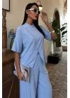 Hakim Yaka Çapraz Düğmeli Plazzo Pantolon Viscon Keten Takım 10091
