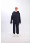 Iki Iplik Kapüşonlu Fermuarlı Crop Oversize Hırka Takım- Lacivert