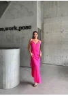 JAKARLI ASKILI SATEN ELBİSE ASİMETRİK - Pembe