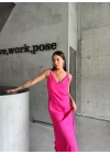 JAKARLI ASKILI SATEN ELBİSE ASİMETRİK - Pembe