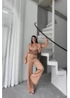 JAKARLI BLUZU TASARIM DETAYLI CEKET-PANTOLON-BLUZ 3 LÜ TAKIM - Bej
