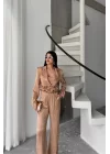JAKARLI BLUZU TASARIM DETAYLI CEKET-PANTOLON-BLUZ 3 LÜ TAKIM - Bej