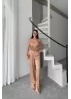 JAKARLI BLUZU TASARIM DETAYLI CEKET-PANTOLON-BLUZ 3 LÜ TAKIM - Bej