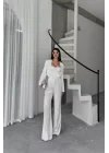 JAKARLI BLUZU TASARIM DETAYLI CEKET-PANTOLON-BLUZ 3 LÜ TAKIM - Beyaz