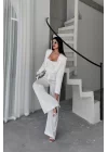 JAKARLI BLUZU TASARIM DETAYLI CEKET-PANTOLON-BLUZ 3 LÜ TAKIM - Beyaz