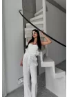 JAKARLI BLUZU TASARIM DETAYLI CEKET-PANTOLON-BLUZ 3 LÜ TAKIM - Beyaz