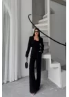 JAKARLI BLUZU TASARIM DETAYLI CEKET-PANTOLON-BLUZ 3 LÜ TAKIM - Siyah