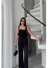 JAKARLI BLUZU TASARIM DETAYLI CEKET-PANTOLON-BLUZ 3 LÜ TAKIM - Siyah