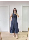 Jeans Kot Önü Tam Fermuarlı Uzun Elbise - Mavi