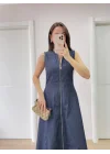 Jeans Kot Önü Tam Fermuarlı Uzun Elbise - Mavi