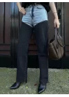 Jeans Kot Parçalı Palazzo Pantolon - Siyah