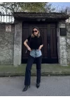 Jeans Kot Parçalı Palazzo Pantolon - Siyah