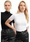 Kadın 2li Siyah Beyaz Yarım Balıkçı Yaka Kısa Kollu Esnek Pamuklu Basic Bluz