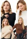 Kadın 4lü Beyaz Siyah Bej Kahverengi Balıkçı Yaka Parmak Geçmeli Pamuklu Body